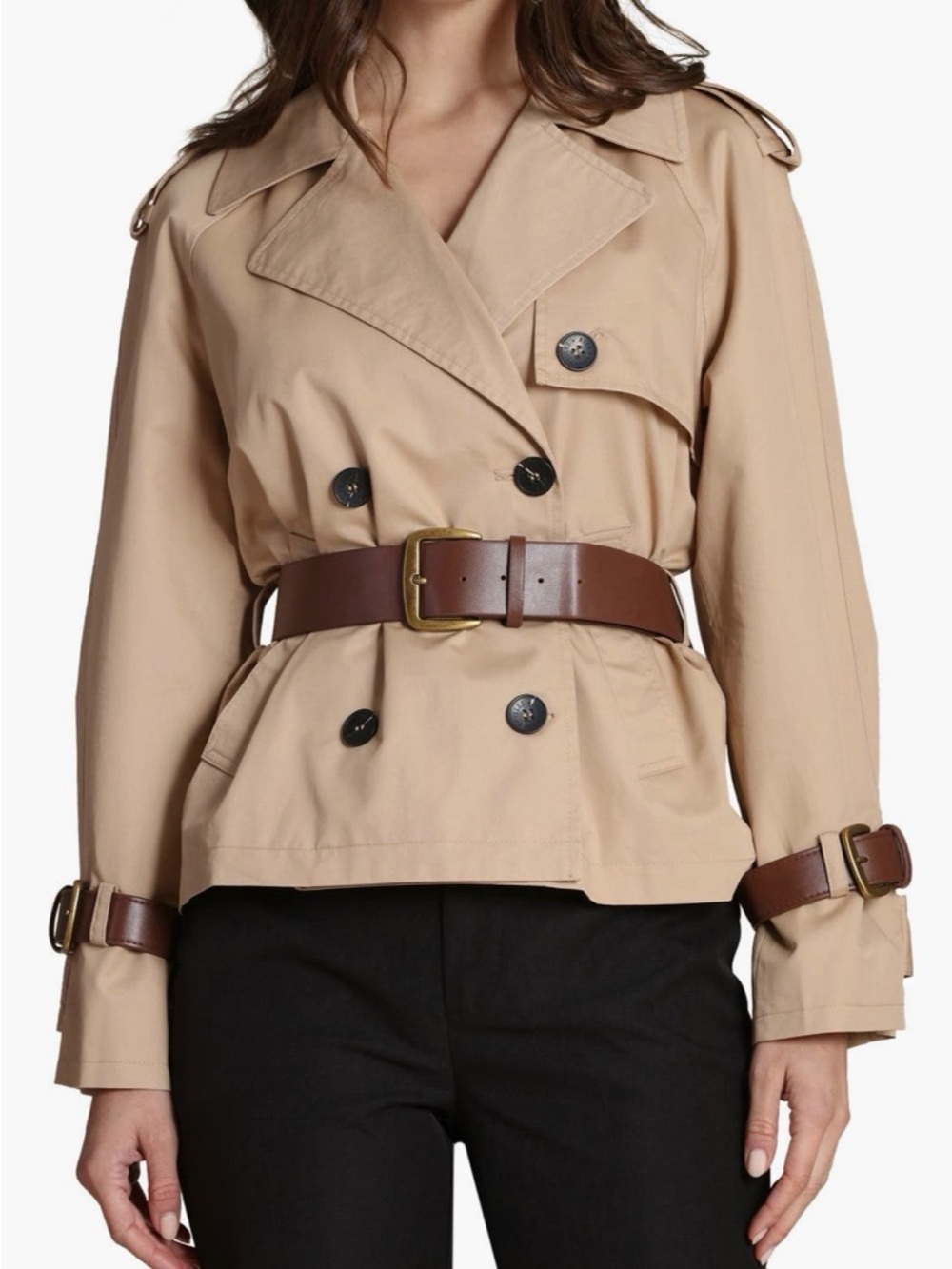 Avec Les Filles Short Trench with faux Leather Belt